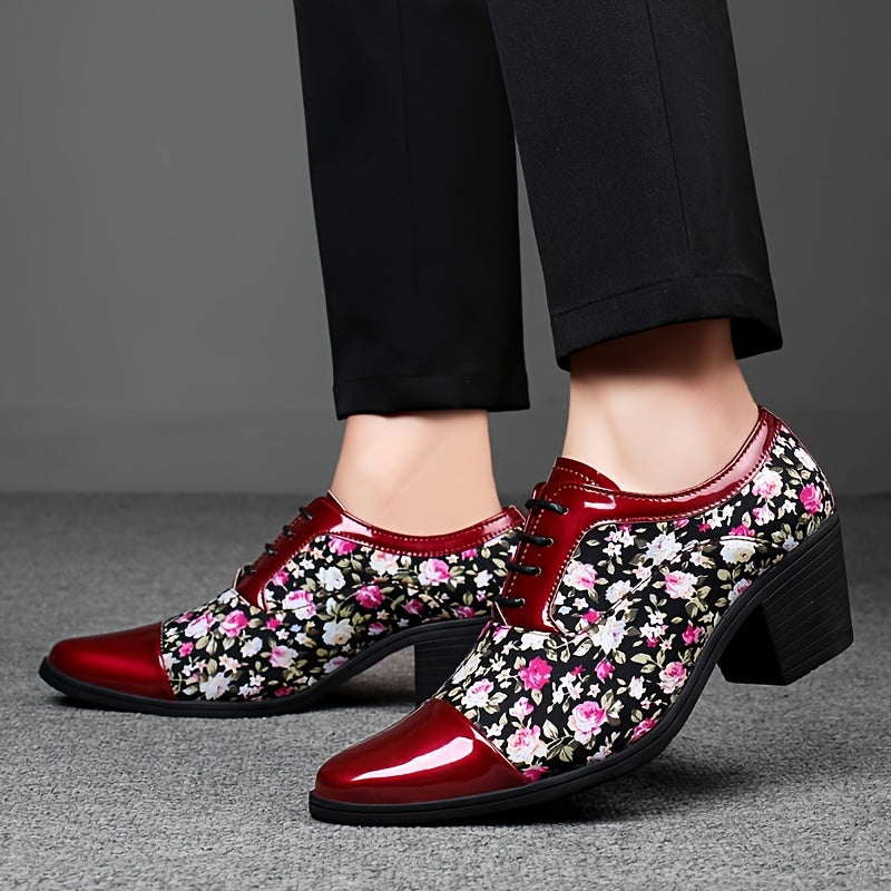 SHOWLU Men's floral lace-up loafers with pointed toe design, featuring a classic dress shoe silhouette in black leather.