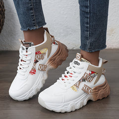 New Women's 2025 Spring/Summer Outdoor Sports Shoes - Height-Enhancing Thick Sole, High Quality Synthetic Leather Upper, Breathable Fabric Lining & Non-Slip PVC Outsole for Running, Hiking, Casual Wear - Beige/Red Colorway, L