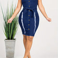 Blue denim Women's Bodycon Midi Dress with V-neck, sleeveless design by SHOWLU FASHION STORE, perfect for stylish summer wear.