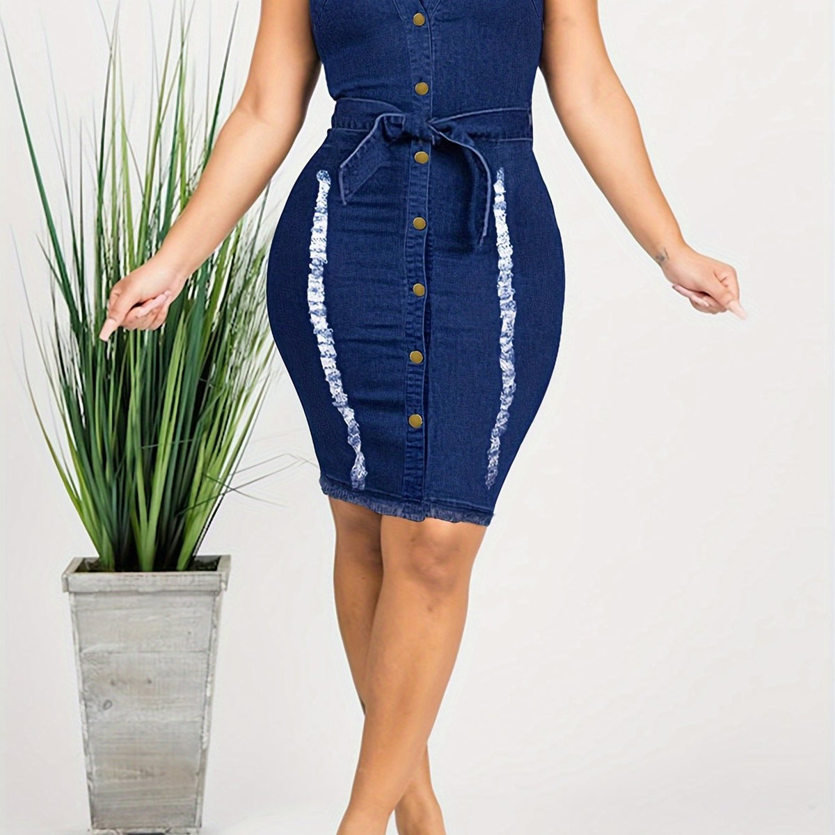 Women's Sleeveless Denim Bodycon Midi Dress - Sexy V-Neck with Front Button Closure, Raw Trim Detail & Stretchy Comfort Fit, Machine Washable All-Season Casual to Evening Dress in Blue, Weekend Wear, Comfortable Fit, Trendy W