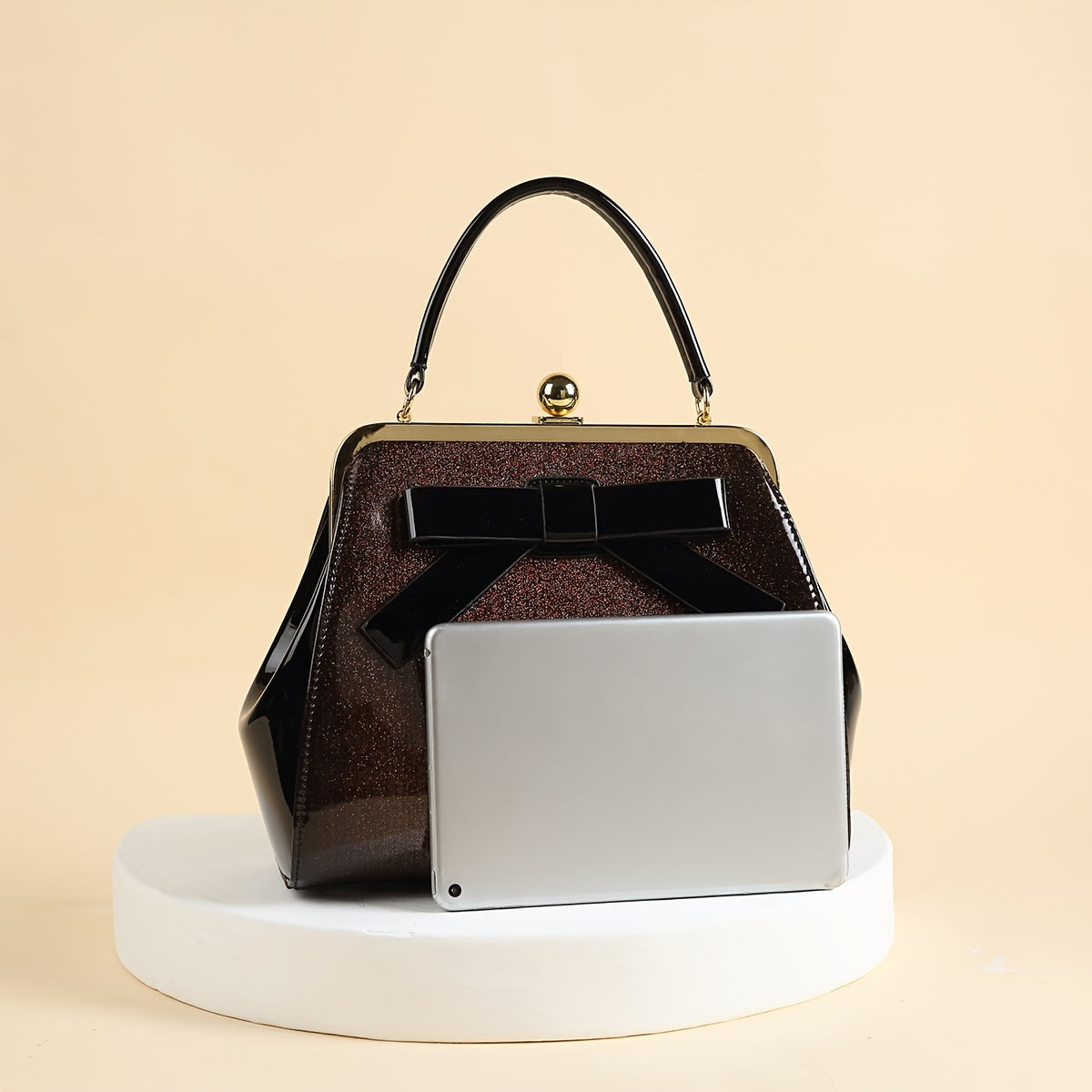 SHOWLU Polka dot patent leather handbag with bow and kiss lock closure, stylish accessory with elegant design