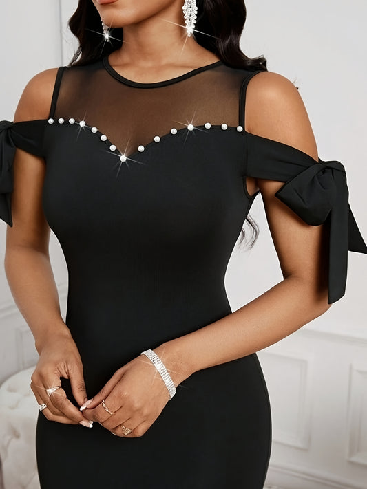 Women's Elegant Off-Shoulder Bodycon Dress - Stretchy Formal/Party/Everyday Dress with Bow Tie neckline, High-Elasticity Fabric, Machine Washable Black Evening Gown for Women, Formal Wear, Pearl Embellishments