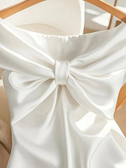 Elegant Off-Shoulder Bow Tie Satin Blouse for Women - Chic French-Inspired Slim Fit Crop Top, Solid Color with Front Bow Detail, Perfect for Summer and Casual Wear, Versatile Blouse | Chic Design | Polyester Linin