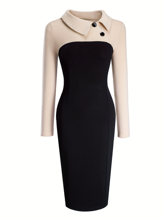 Women'S Elegant Black and Beige Color Block Pencil Dress - Slim Fit, Long Sleeve, Round Neck with Button Detail, Perfect for Spring/Summer, Adult Fashion, Elegant Attire|Sleek Fitted Design|Polyester Fabric