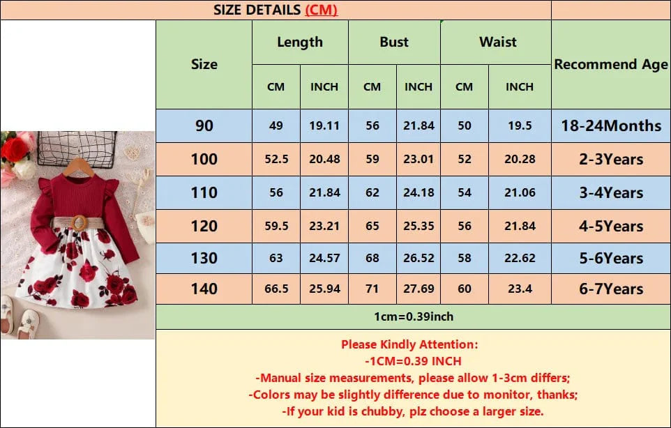 Red floral long-sleeve girls' party dress by Showlu Fashion Store, cotton A-line skirt suitable for birthdays and special occasions.