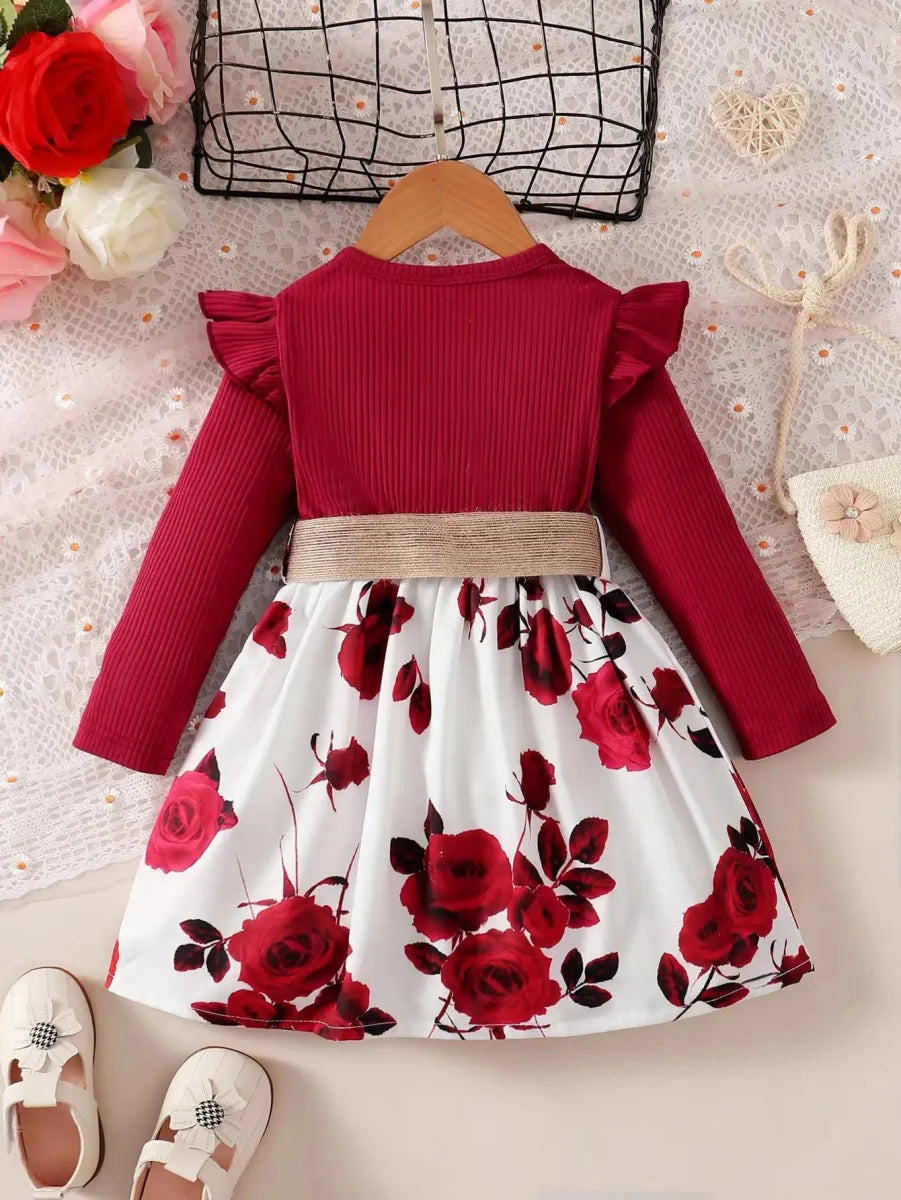 Red floral long-sleeve girls' party dress by Mioglrie, cotton A-line skirt, perfect for birthdays, weddings, and special occasions.