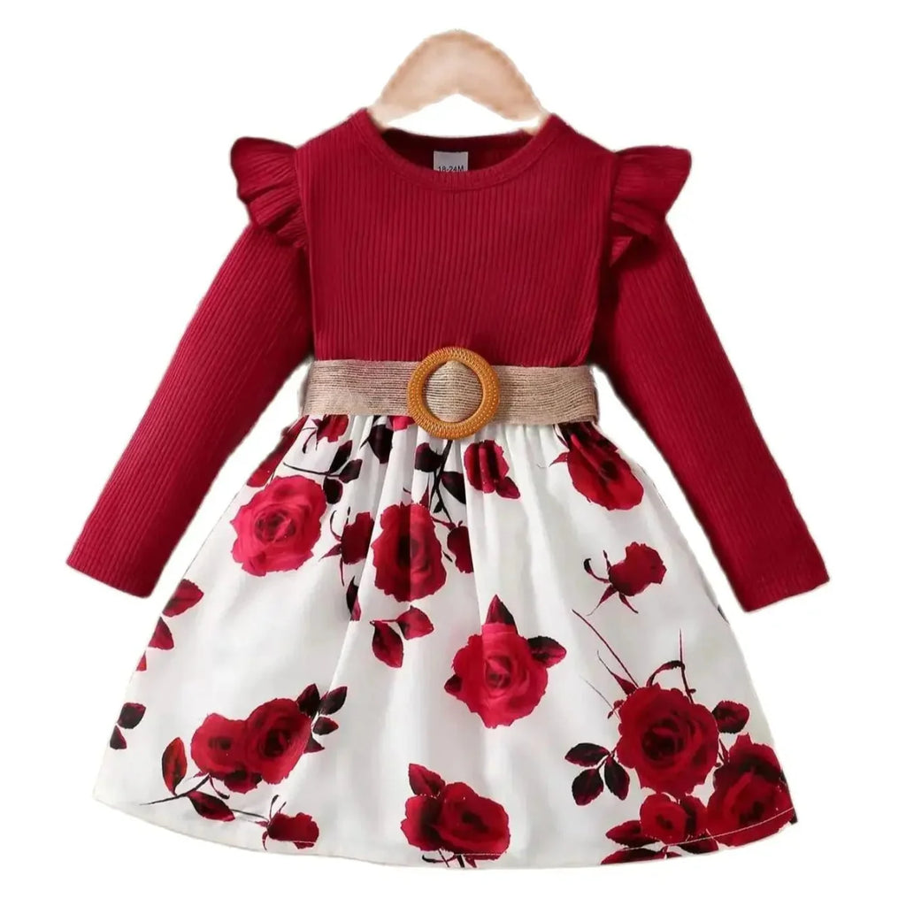 Red floral long sleeve girl’s party dress by Showlu Fashion, cotton A-line skirt, perfect for birthdays and special occasions.