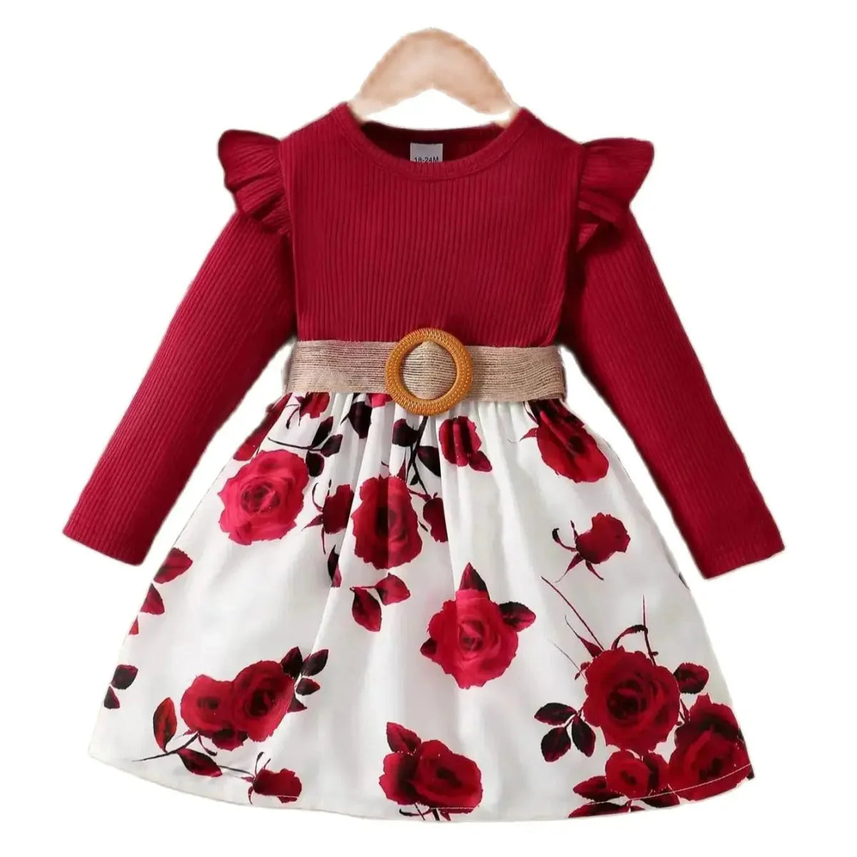 Red floral long sleeve girl’s party dress by Showlu Fashion, cotton A-line skirt, perfect for birthdays and special occasions.