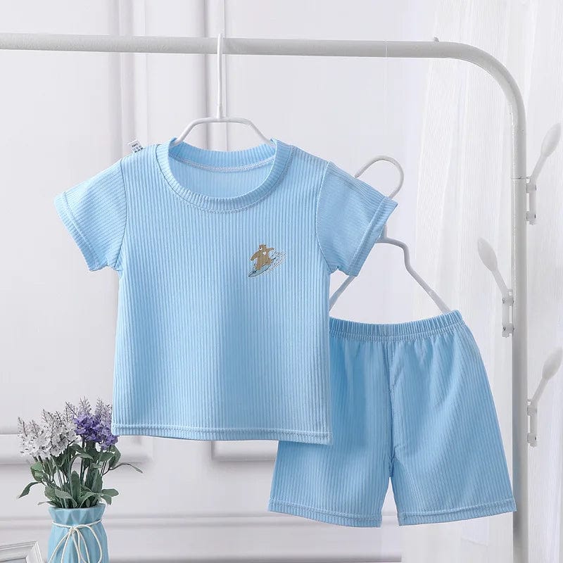 Toddler Babzapleume ice silk sleepwear set with a top and pants, summer cotton outfit for boys and girls, breathable and comfortable.