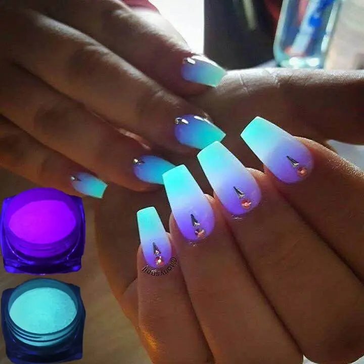 Showlu Store Nation Yanqueens Neon Phosphor Nail Glitter with 10 luminous glow powder colors, fluorescent and glow-in-the-dark nail pigment.