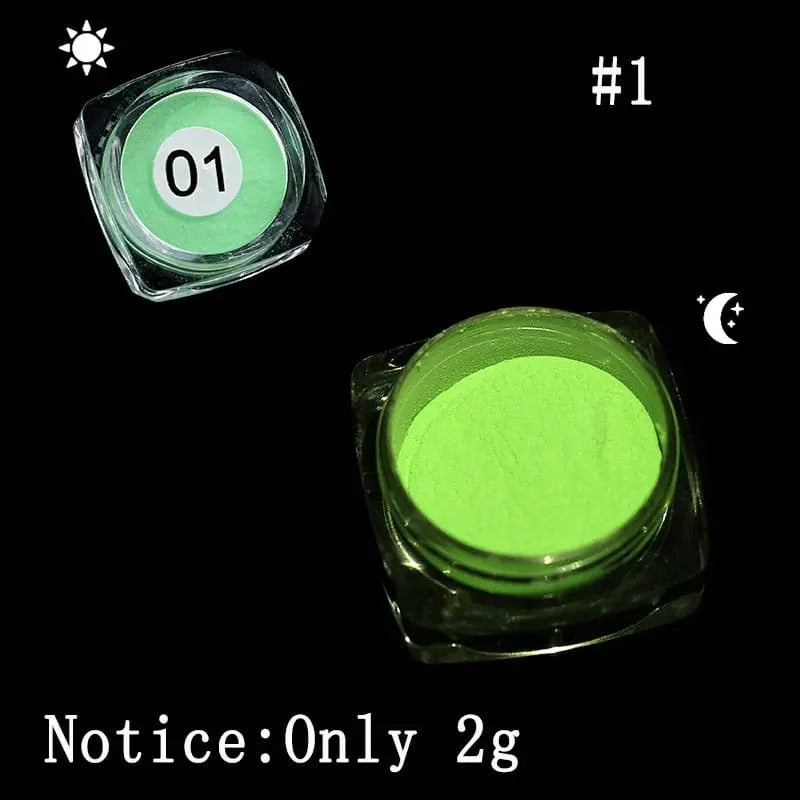 Yanqueens Neon Phosphor Nail Glitter in a box with 10 luminous glow powder colors, glowing fluorescent nail art pigment.