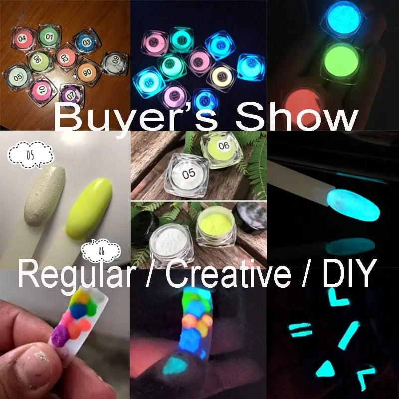 Showlu Store Nation Yanqueens Neon Phosphor Nail Glitter box with 10 luminous glow powders, fluorescent nail glitter dust for nail art.