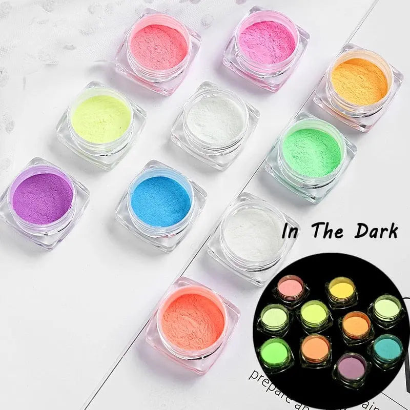 Yanqueens Neon Phosphor Nail Glitter in 10 luminous glow powder colors, showing vibrant fluorescent nail glitter dust.