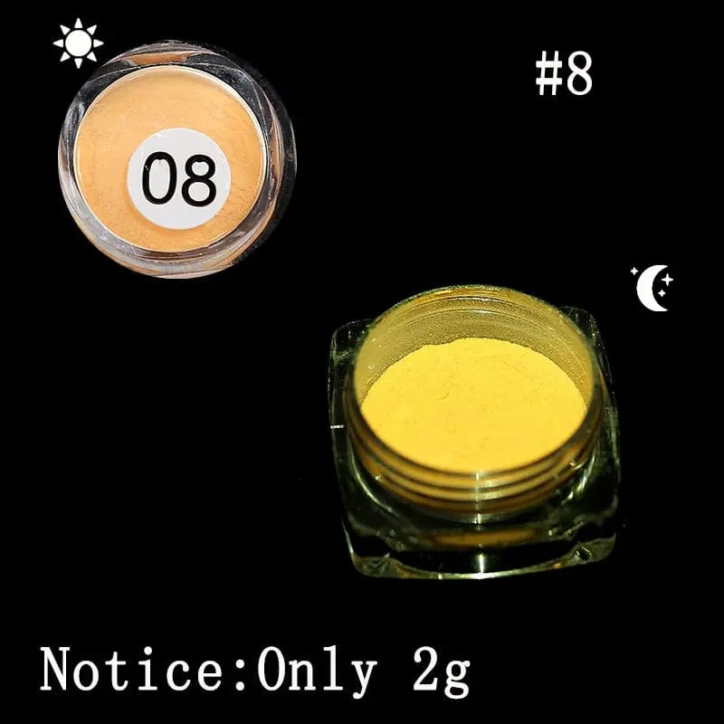 Yanqueens Neon Phosphor Nail Glitter in 10 luminous glow powder colors, fluorescent nail glitter and glow-in-the-dark pigment.