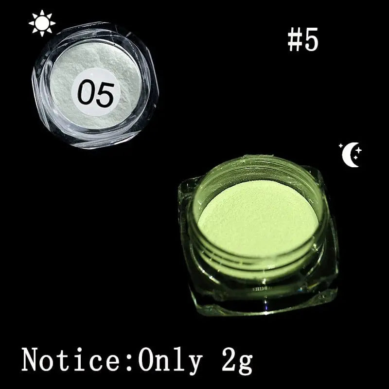 Showlu Store Nation Yanqueens Neon Phosphor Nail Glitter in a box with 10 luminous glow powder colors for stunning nail art.