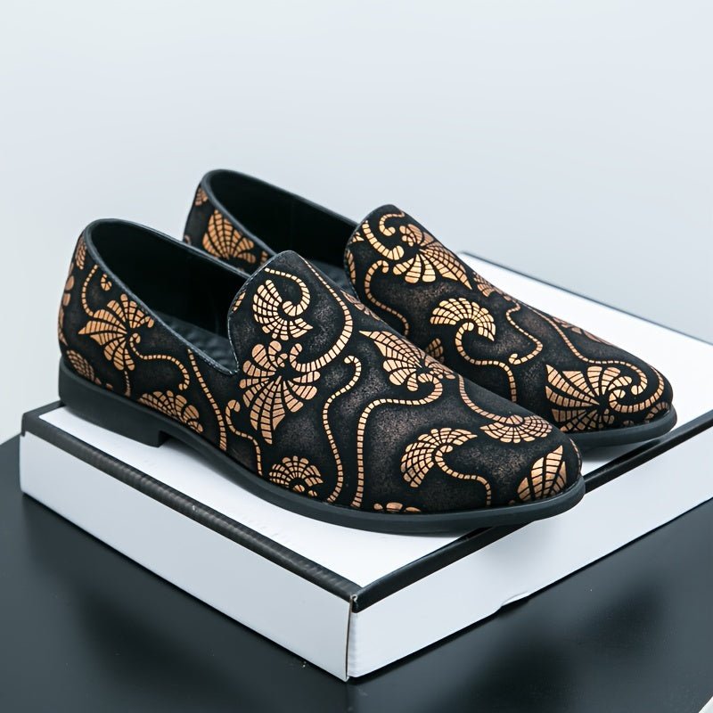 Pair of SHOWLU men's fashion street style slip-on loafers with round toe and faux PU upper, suitable for parties and weddings.