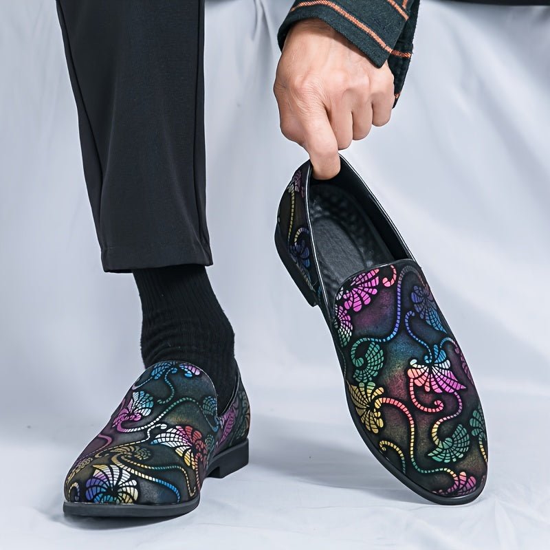 Pair of SHOWLU men's fashion street style loafers with round toe slip-on design, faux upper, and comfortable inner sole.