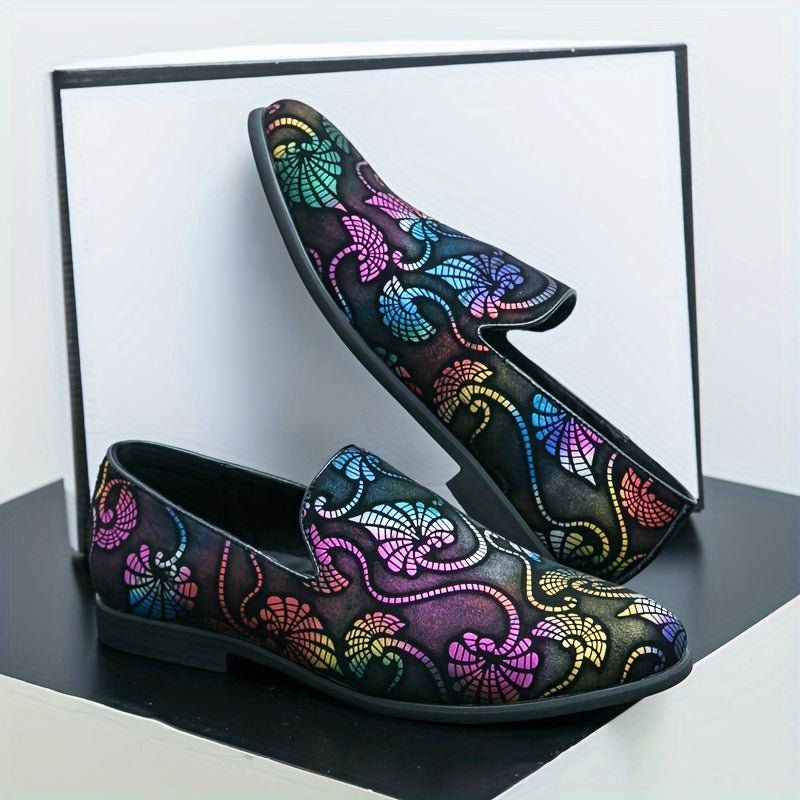 Pair of SHOWLU men's fashion street style loafers with round toe slip-on design, faux PU upper, suitable for parties and all seasons.