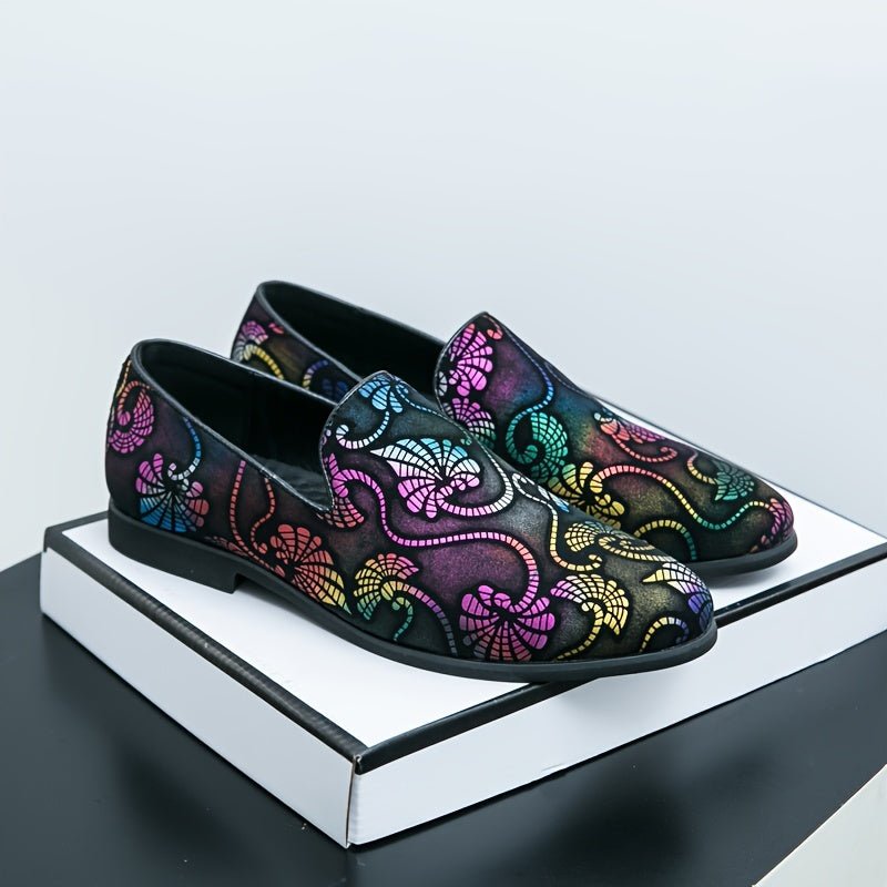 Pair of SHOWLU men's street style loafers with round toe slip-on design, PU material, suitable for parties and all seasons.