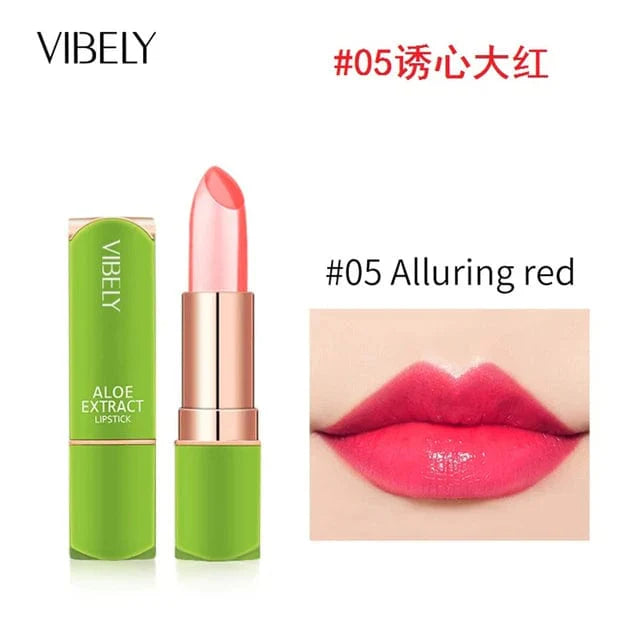 Showlu Aloe Vera Magic Lip Balm showing color-changing natural lipstick on lips, moisturizing and nourishing with safe ingredients.