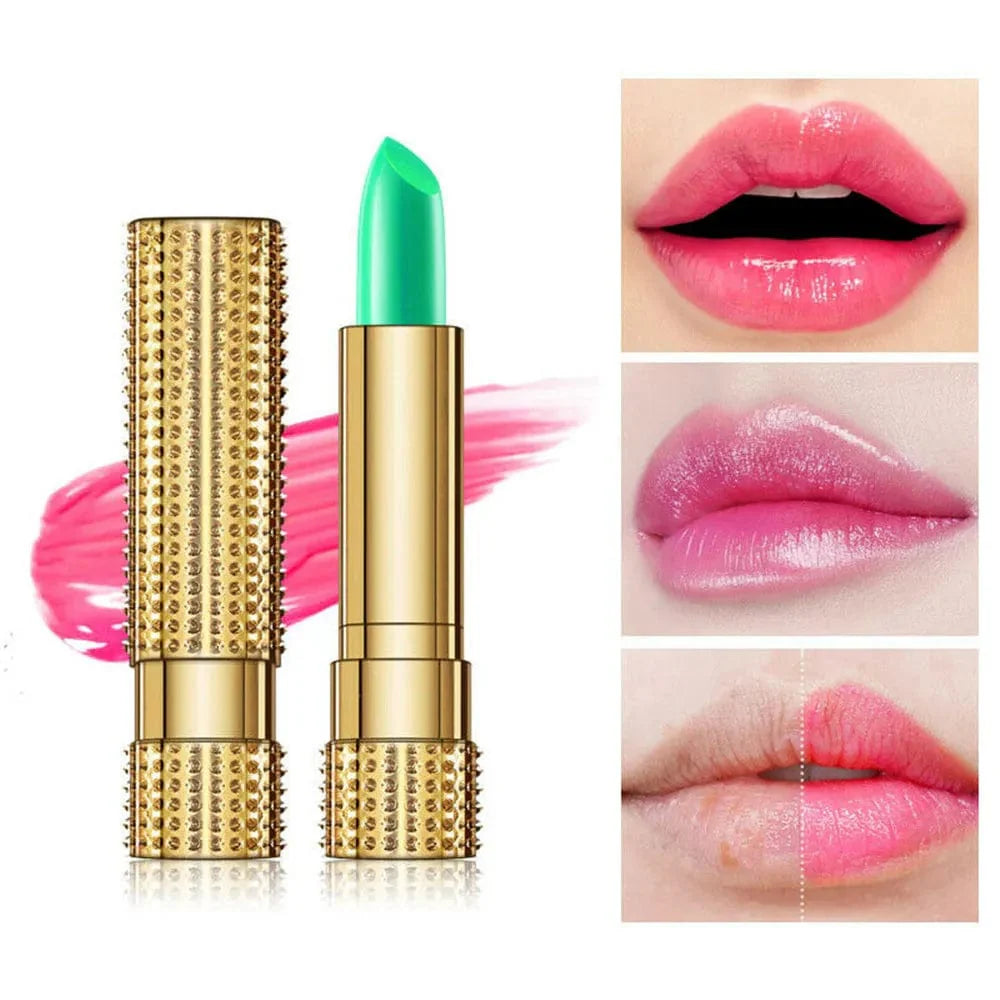 Showlu Aloe Vera Magic Lip Balm displaying color-changing natural lipstick on lips, moisturizing and nourishing with safe ingredients.