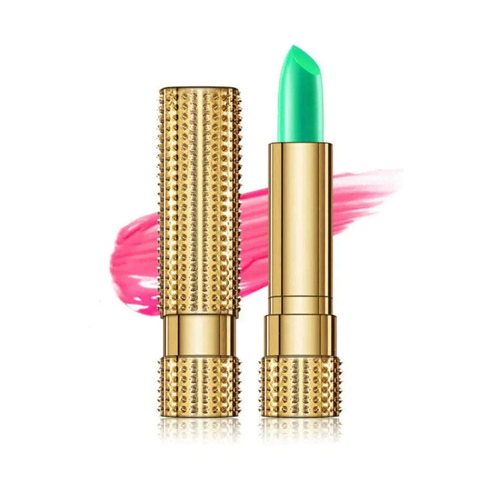 Showlu Aloe Vera Magic Lip Balm displaying color-changing natural lipstick on lips, moisturizing and nourishing with safe ingredients.