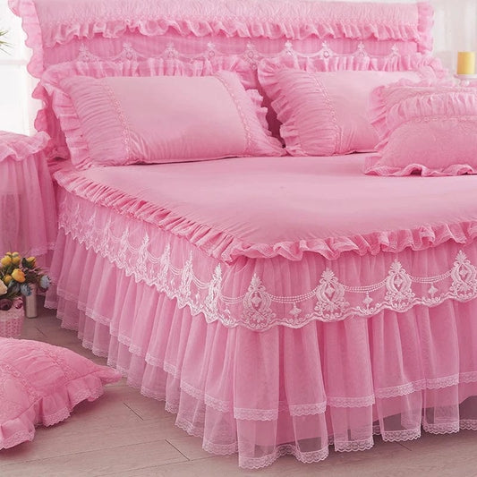 1 Piece Lace Bed Skirt +2pieces Pillowcases bedding set Princess Bedding Bedspreads sheet Bed For Girl bed Cover King/Queen size - SHOWLU FASHION STORE