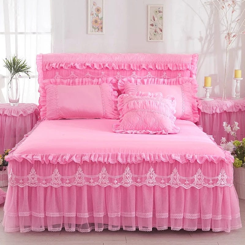 SHOWLU FASHION STORE Mtuove Lace Bed Skirt Set with princess embroidered bedding, including bedspread, pillowcases, and lace bed skirt.