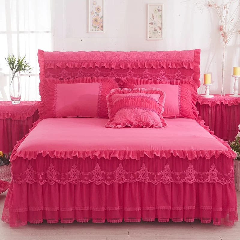 SHOWLU FASHION STORE Mtuove Lace Bed Skirt Set with 2 embroidered pillowcases, princess bedding for king and queen size beds.