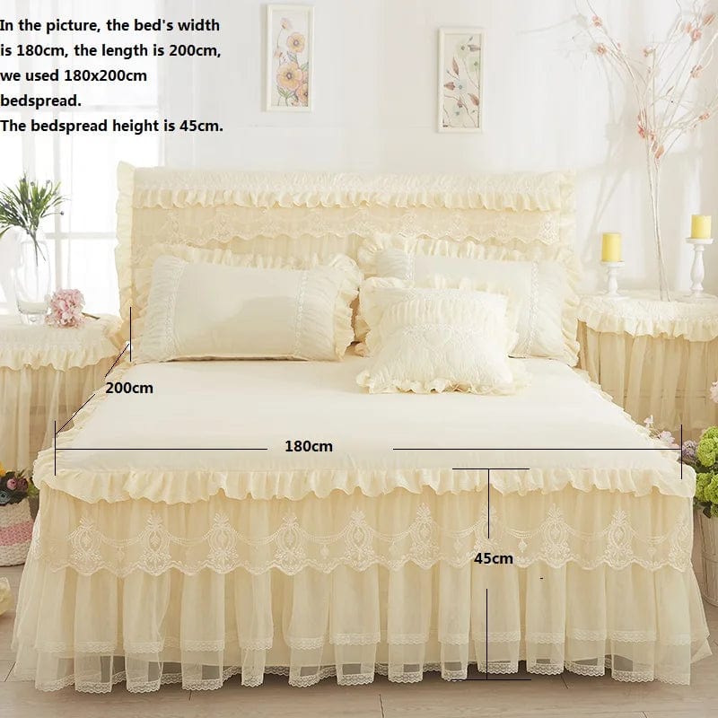 SHOWLU FASHION STORE Mtuove Lace Bed Skirt Set with princess embroidery, includes bedspread, pillowcases, and bed cover for girl’s bedroom.