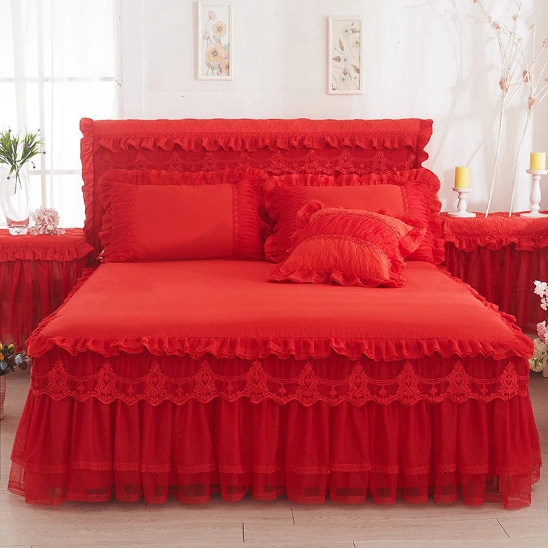 SHOWLU FASHION STORE Mtuove Lace Bed Skirt Set with princess-embroidered bedspread, 3-piece bedding set with pillowcases for queen or king bed