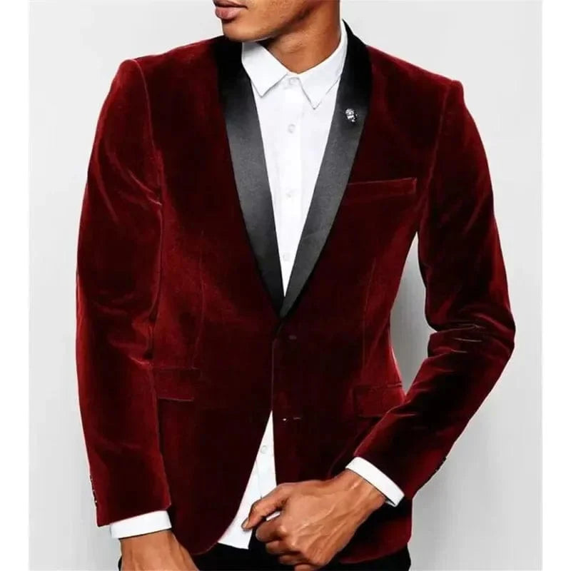 Men's burgundy velvet slim fit blazer with black shawl lapel, formal single-breasted blazer by Showlu Fashion Store.