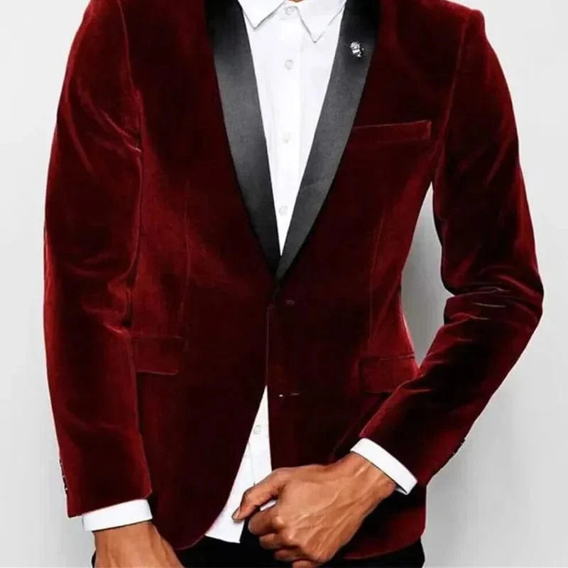 Men's burgundy velvet slim fit blazer by Showlu Fashion with black shawl lapel, perfect for formal weddings and special occasions.