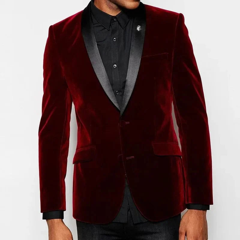 Men's burgundy velvet slim fit blazer with black shawl lapel, formal single-breasted suit jacket for weddings and special occasions.