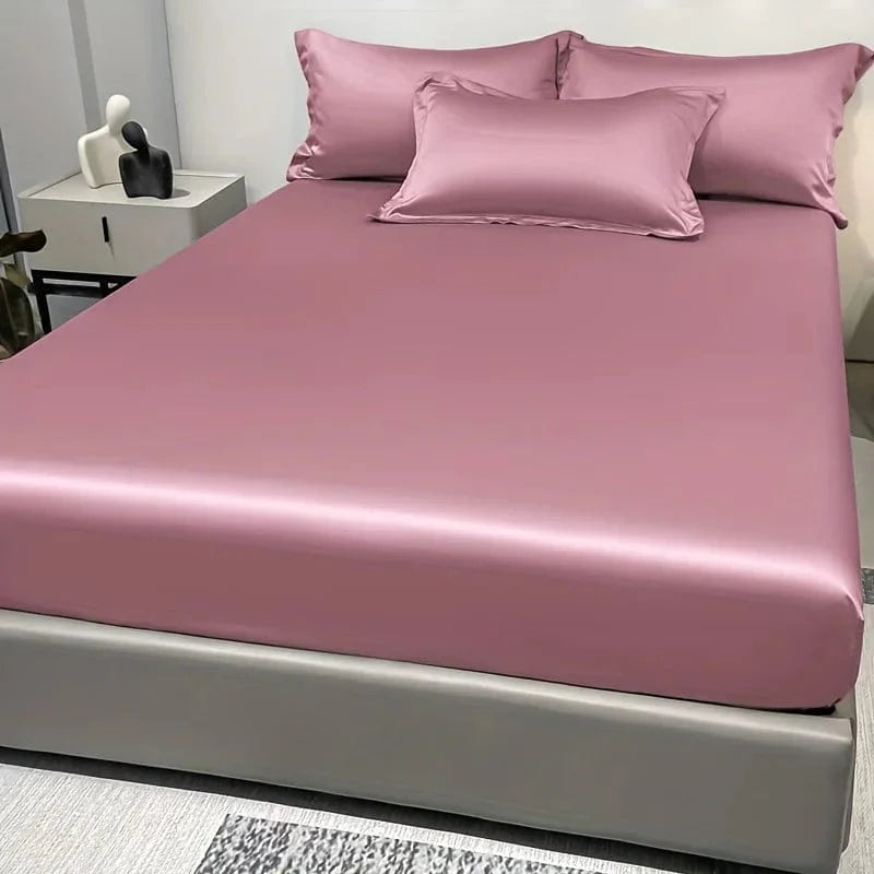 Showlu Fashion satin fitted sheet in solid ice silk color, modern bedding for a sleek bedroom look.