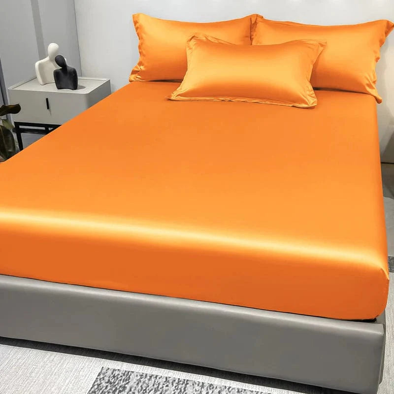 Showlu Fashion satin fitted sheet in solid ice silk color, modern bedding for a sleek bedroom look.