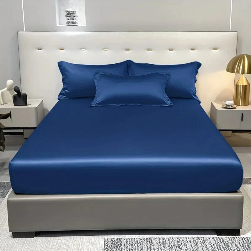 Showlu Fashion satin fitted sheet in solid ice silk color, modern design for bedroom bedding, excluding pillowcases.