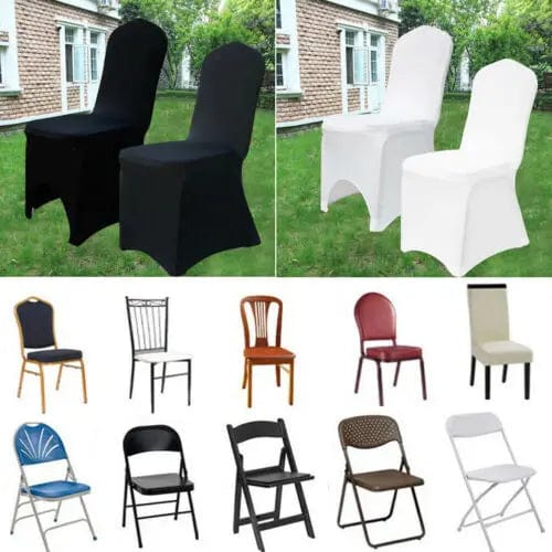 Black and white stretch spandex wedding chair covers by Showlu Fashion Store, designed for universal fit and full-seat coverage.