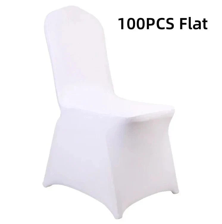 Black and white stretchy spandex wedding chair covers by Showlu Fashion, universal fit for chairs at events or restaurants.
