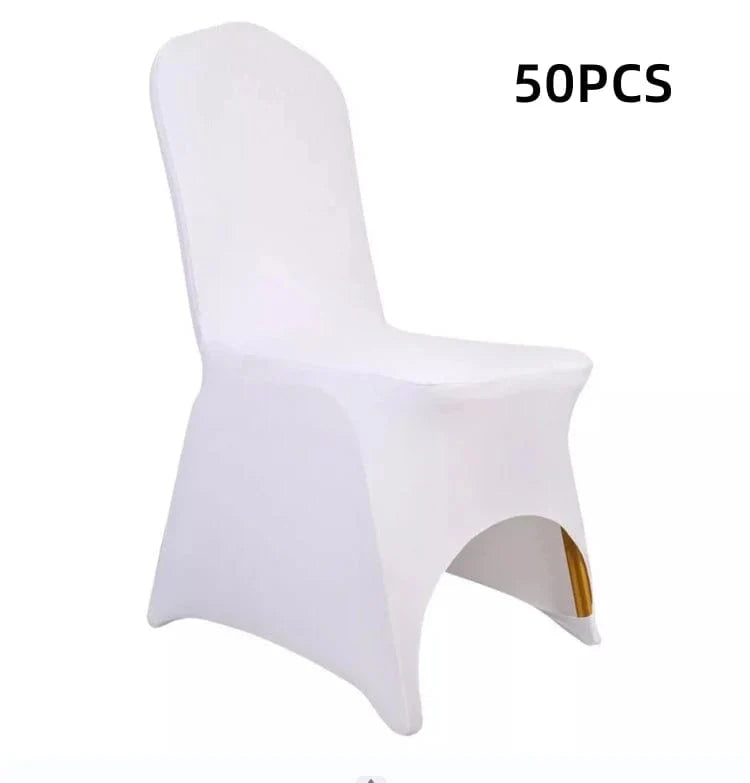 Black and white spandex wedding chair covers by Showlu Fashion Store, stretchy slipcovers for universal chair fit, full seat coverage.