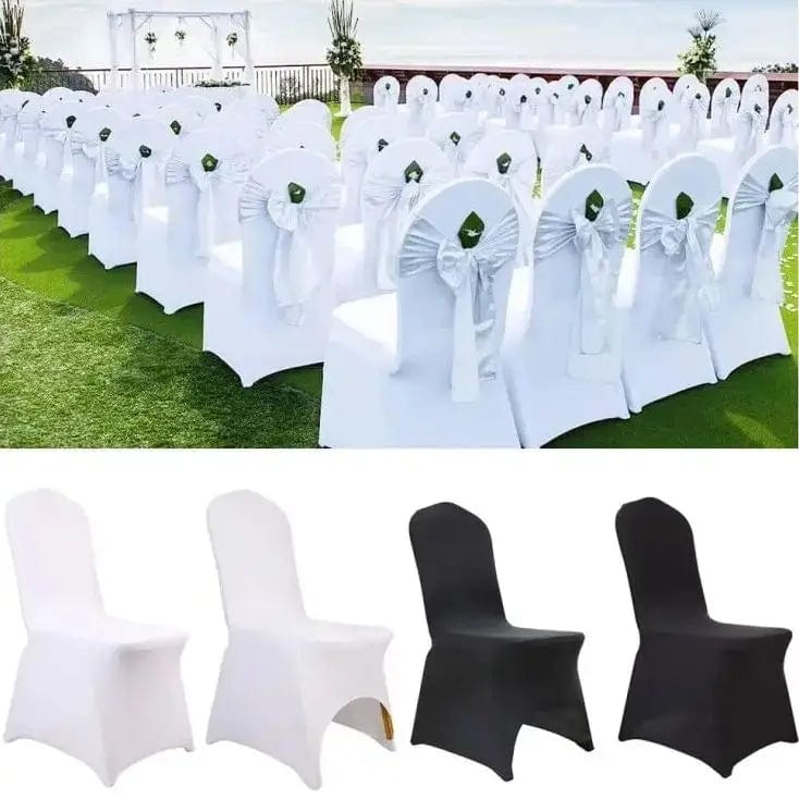 Black and white spandex wedding chair covers by SHOWLU FASHION STORE, universal stretch slipcovers for elegant event seating.