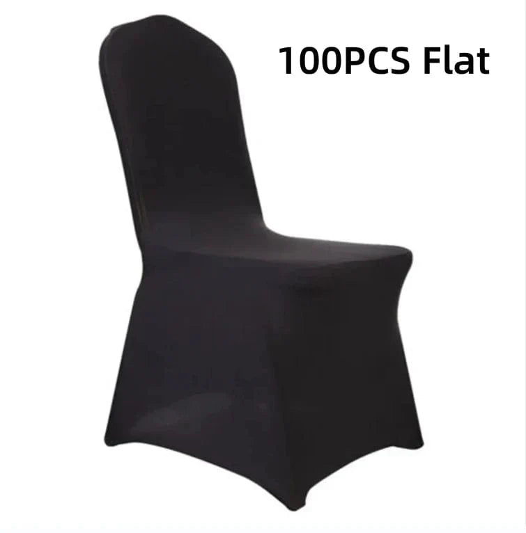 Black and white spandex wedding chair covers by Showlu Fashion Store, universal stretch slipcovers for banquet and event chairs.