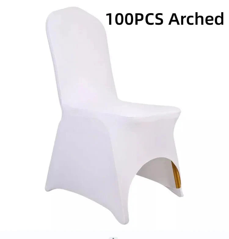 Black and white spandex wedding chair covers from Showlu Fashion Store, universal stretch slipcovers for banquet and event chairs.