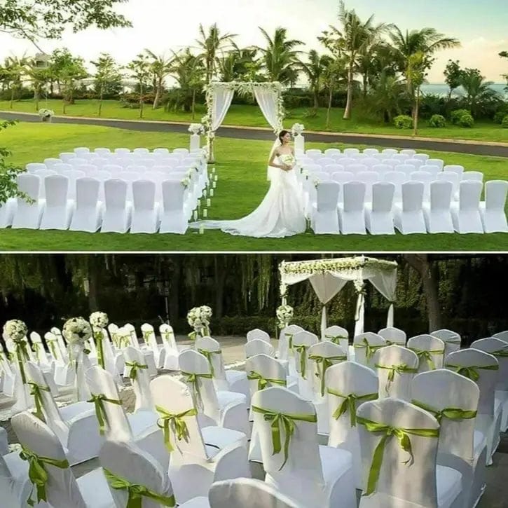 Black and white Showlu Fashion spandex wedding chair covers, stretchy universal slipcovers for chairs at events and restaurants.