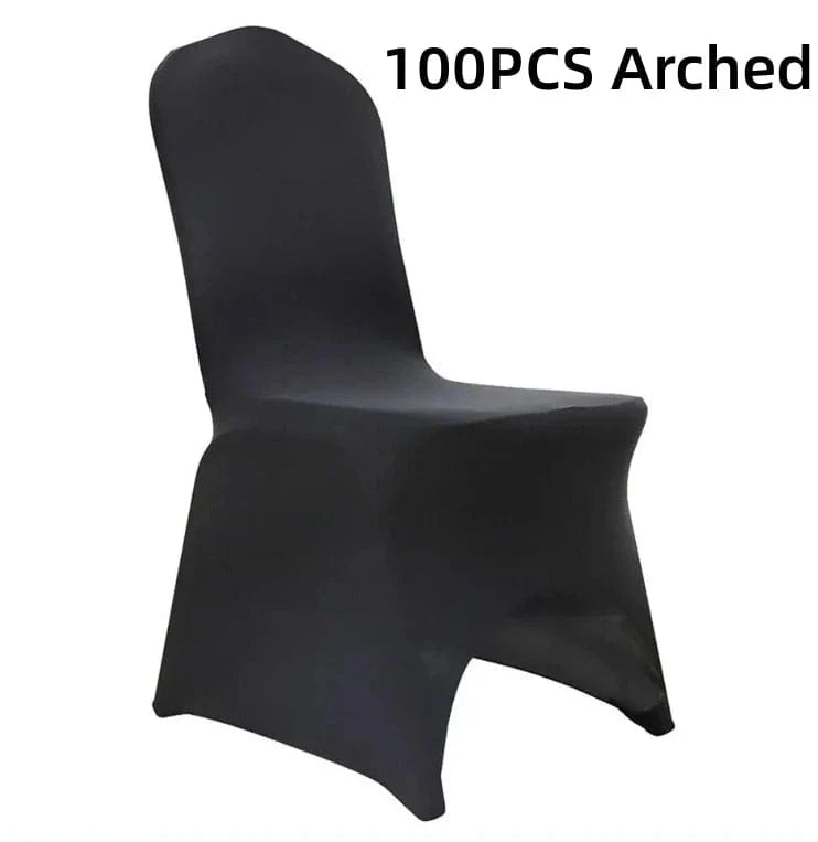 Black and white stretch spandex wedding chair covers from Showlu Fashion Store, universal fit for banquet, restaurant, or cafe chairs.