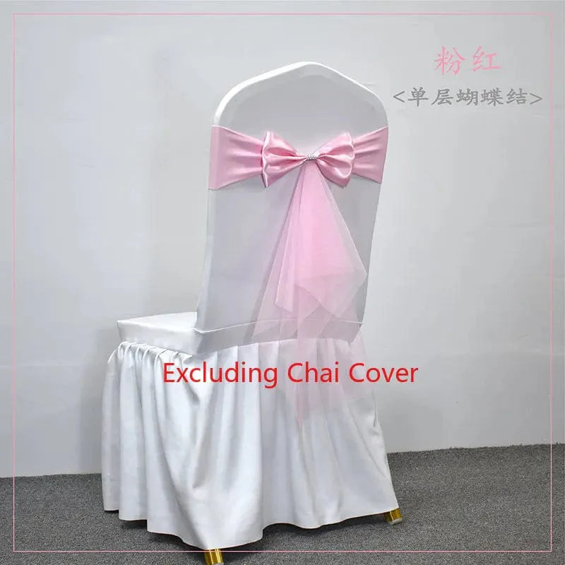 Set of 10-50 Showlu Spandex Chair Sashes with gauze stretch bows, ideal for wedding and event decor.