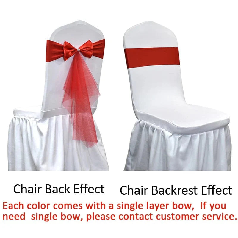 Set of 10-50 Showlu Spandex Chair Sashes with gauze stretch bows, ideal for wedding and event decoration.
