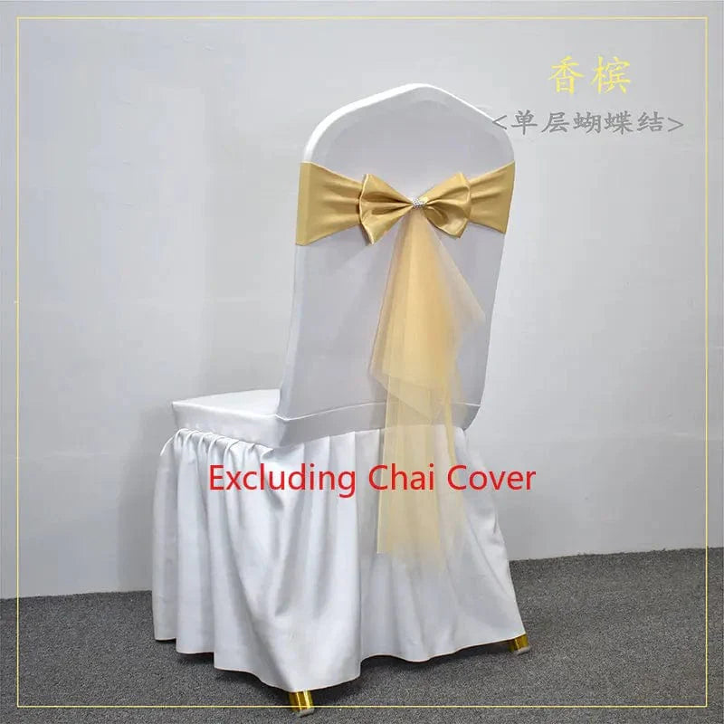Set of 10-50 Showlu Spandex Chair Sashes with gauze lycra stretch bows, ideal for wedding and event chair decorations.
