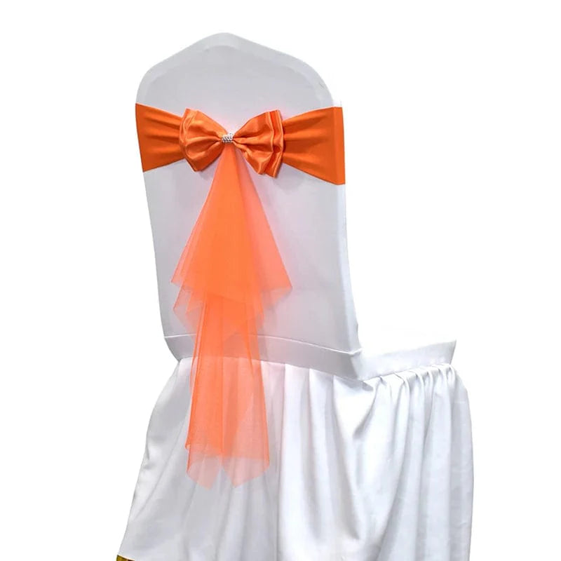 Set of 10-50 Showlu Spandex chair sashes with gauze bows, perfect for wedding and event decoration, featuring stretchy Lycra fabric.