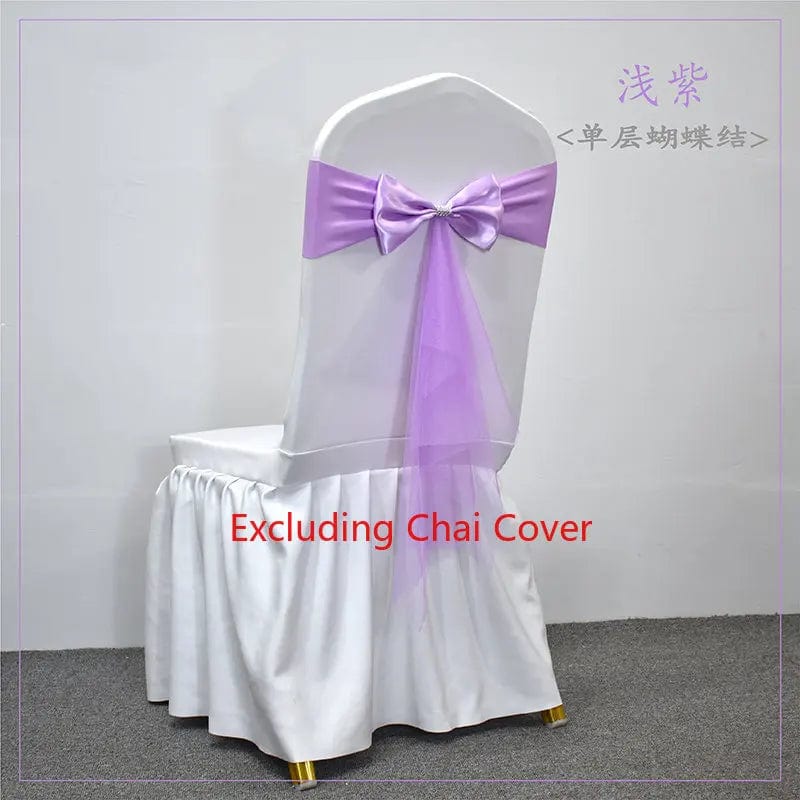 Set of 10-50 white Showlu Spandex Chair Sashes with gauze bows, ideal for wedding banquet and party decoration.